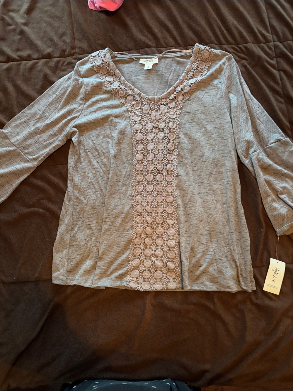 Style & Co. Gray Long-Sleeve V-Neck Top with Lace Trim